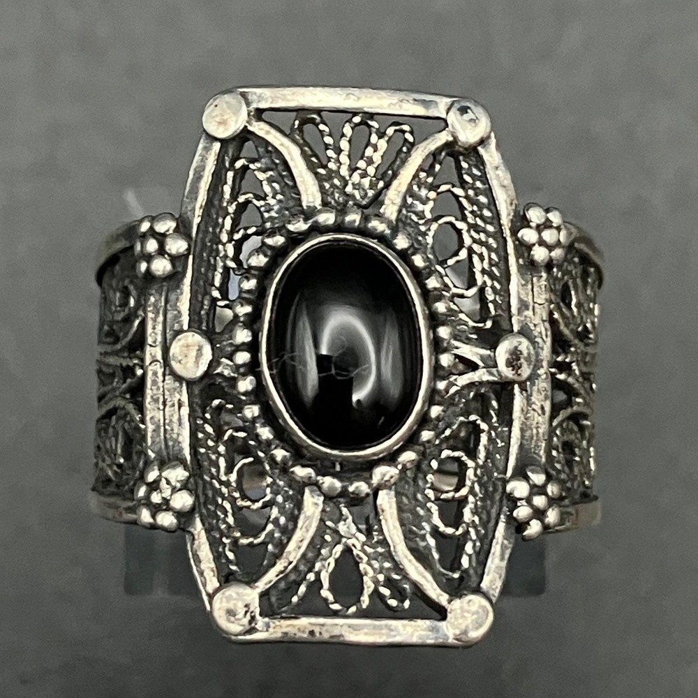Sterling Silver Filigree Statement Ring Black Cabochon Cannetille Size 9 - Picture 2 of 9
